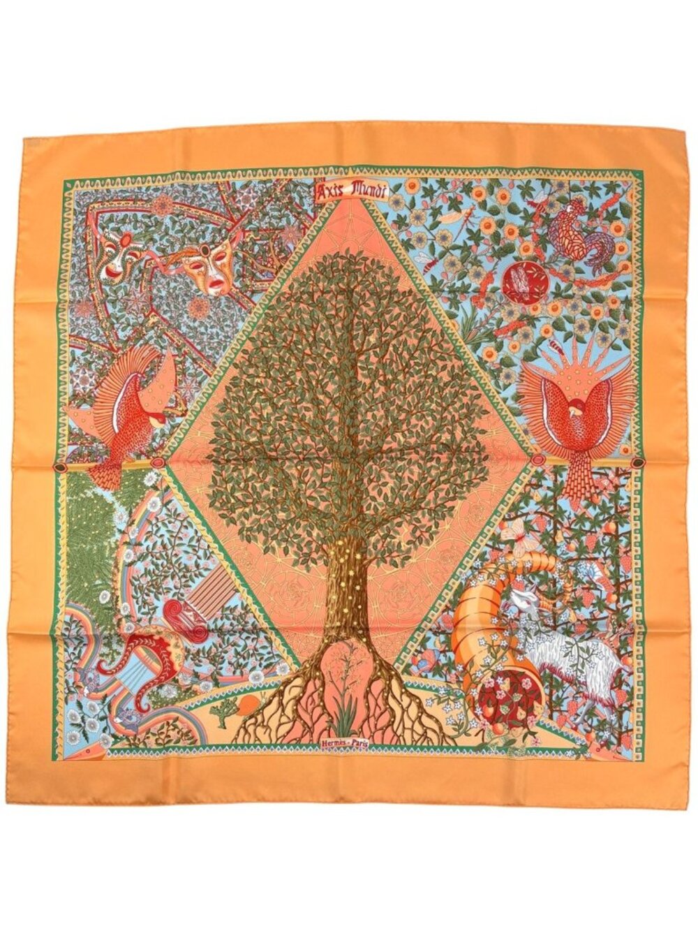 Hermes Carre 90 Axis Mundi Scarf Silk Orange Multicolor